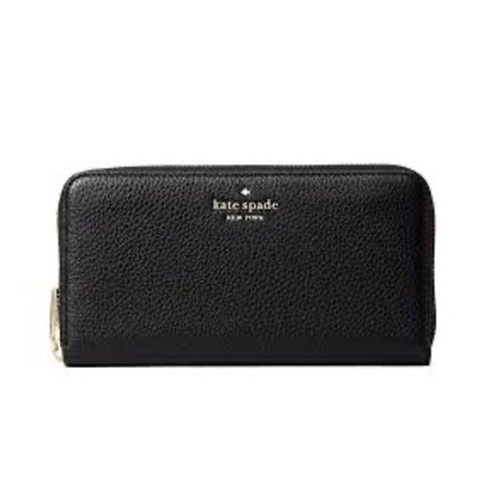 Kate Spade NY Black Pebbled Leather Zip Around Continental Wallet Gold Logo